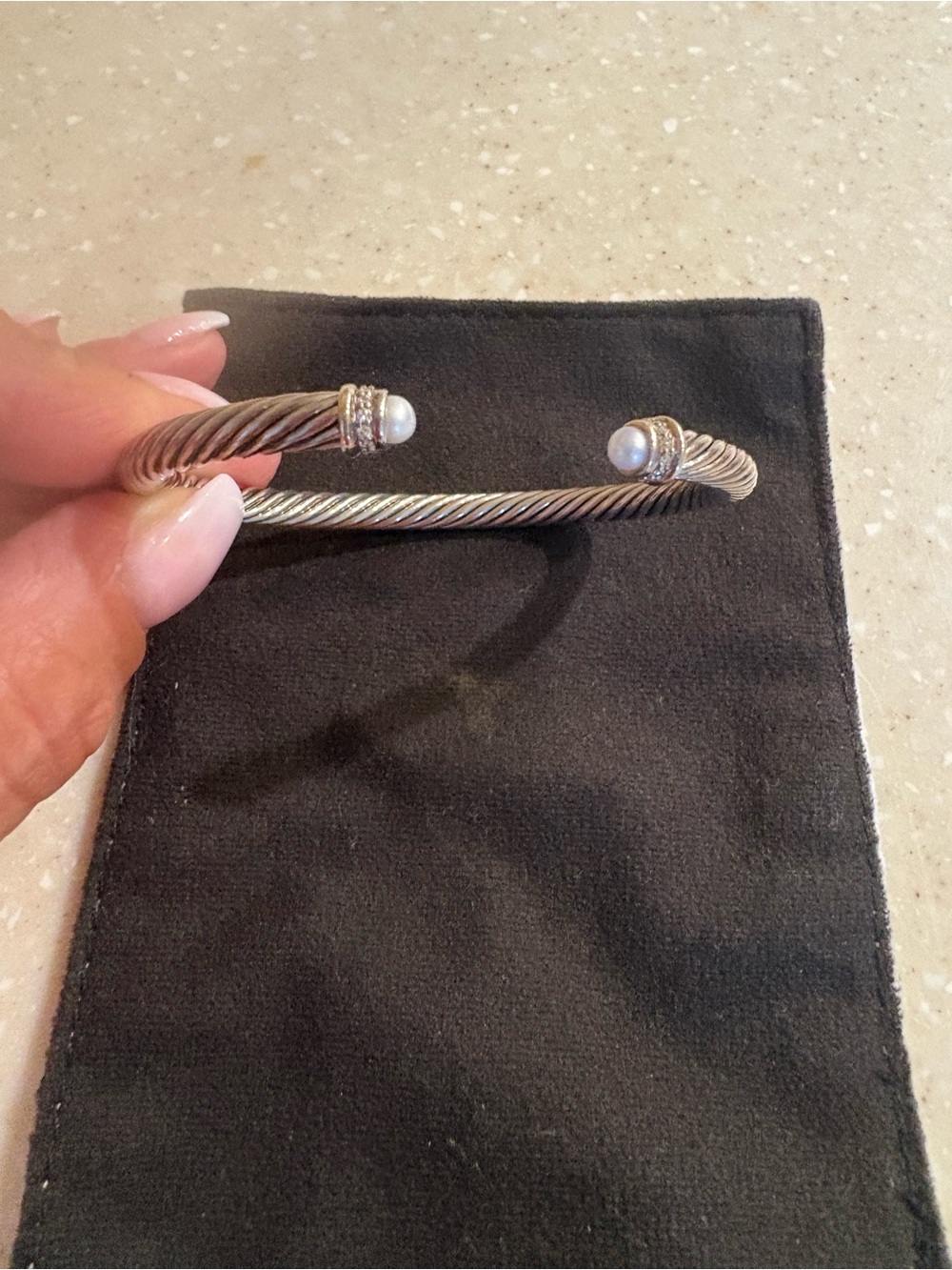 David Yurman Sterling Silver Twisted Cable Cuff with Pearlescent Endcaps - Picture 2 of 6